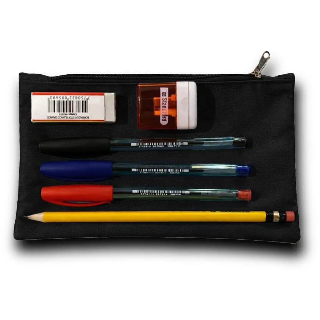 PACK CARTUCHERA ESCOLAR (LAPIZ, LAPICERO AZUL, ROJO Y NEGRO, TAJADOR, BORRADOR)